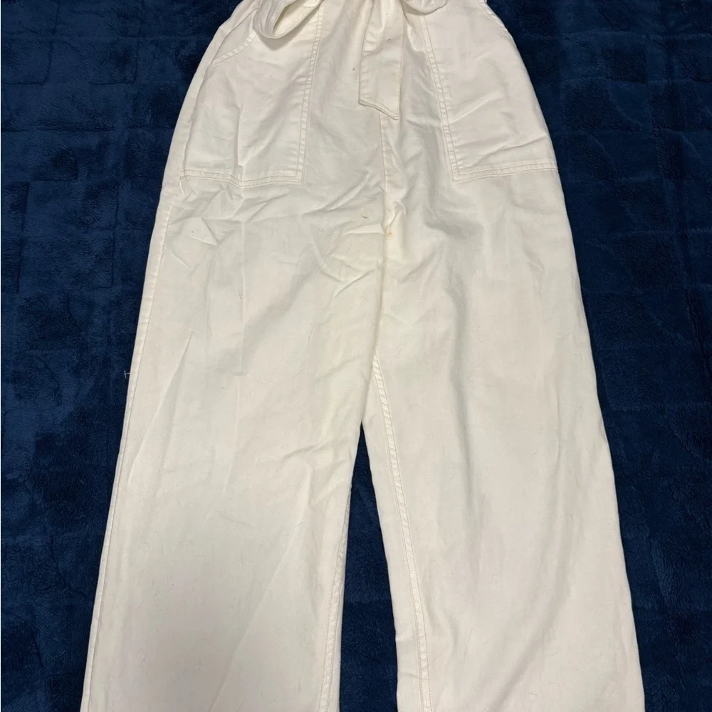 American Eagle Women White Denim Strappy Tie Belt Jumpsuit - Picture 3 of 9